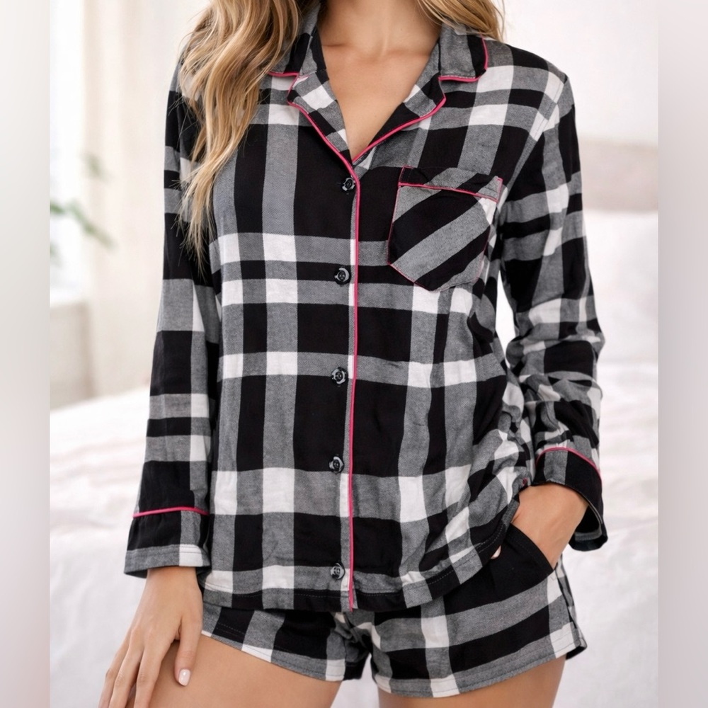Victoria’s Secret Black White Plaid Button Front Pajama Top Pink Trim Y2K Size M